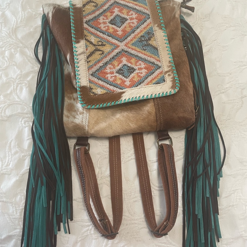 Myra Bag Brown Leather Backpack with Teal Fringe and Southwestern Panel